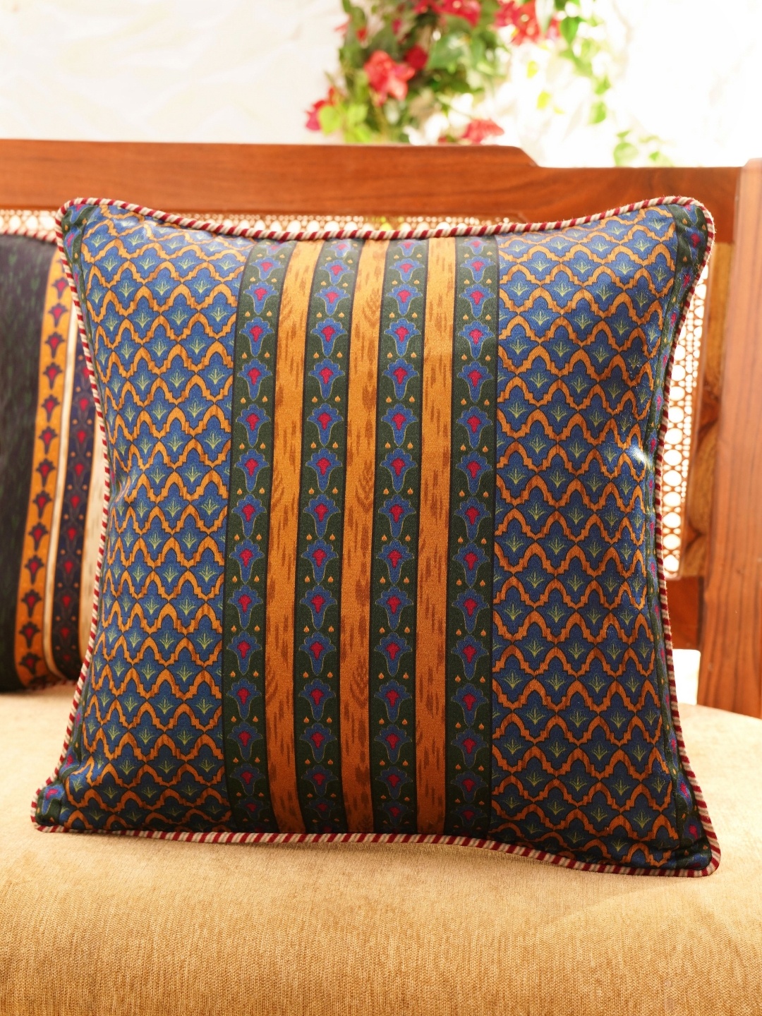 

JAYPORE Navy Blue & Yellow Ethnic Motifs Printed Square Cushion Cover