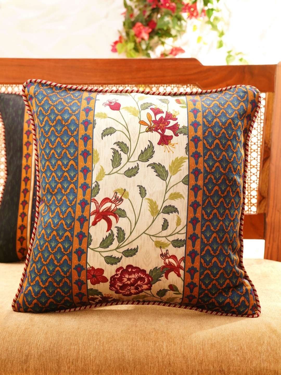

JAYPORE Navy Blue & White Floral Printed Square Cushion Cover