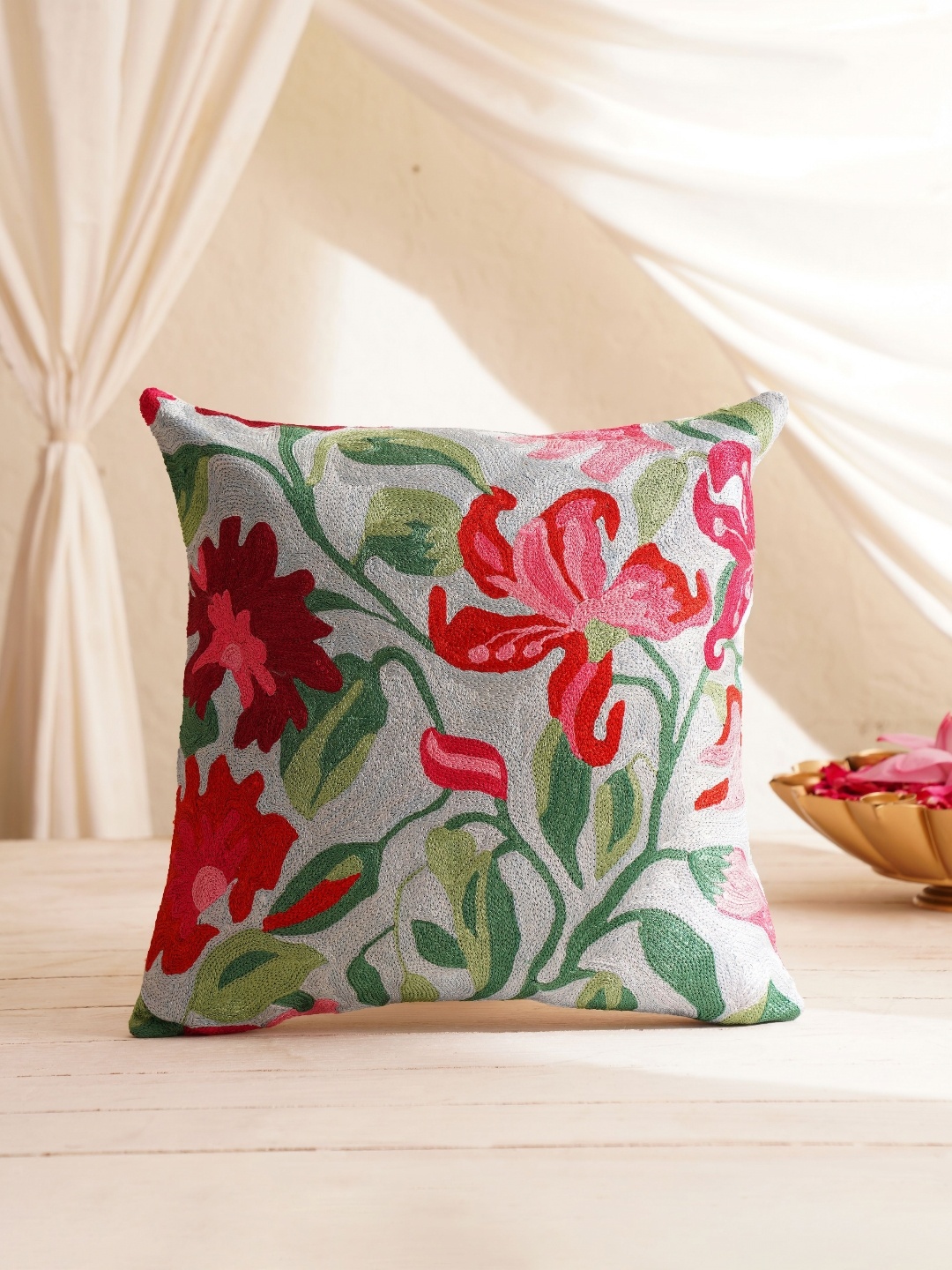 

JAYPORE Blue & Green Embroidered Cotton Silk Square Cushion Cover