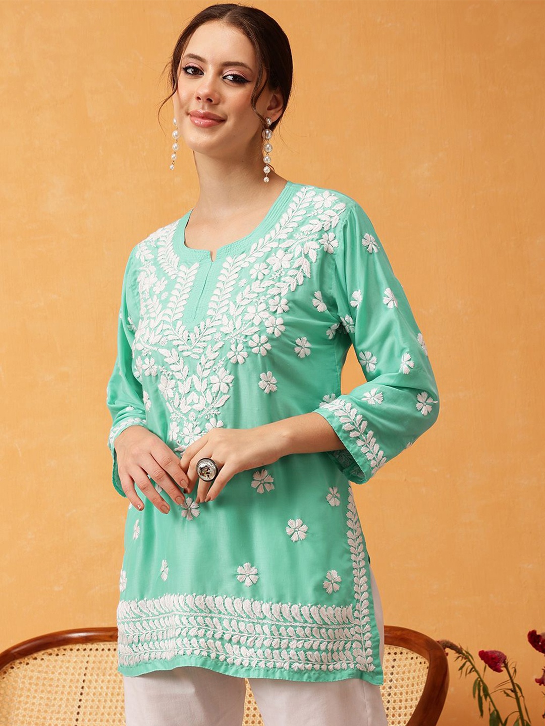 

ADA Women Floral Embroidered Thread Work Thread Work Kurti, Sea green