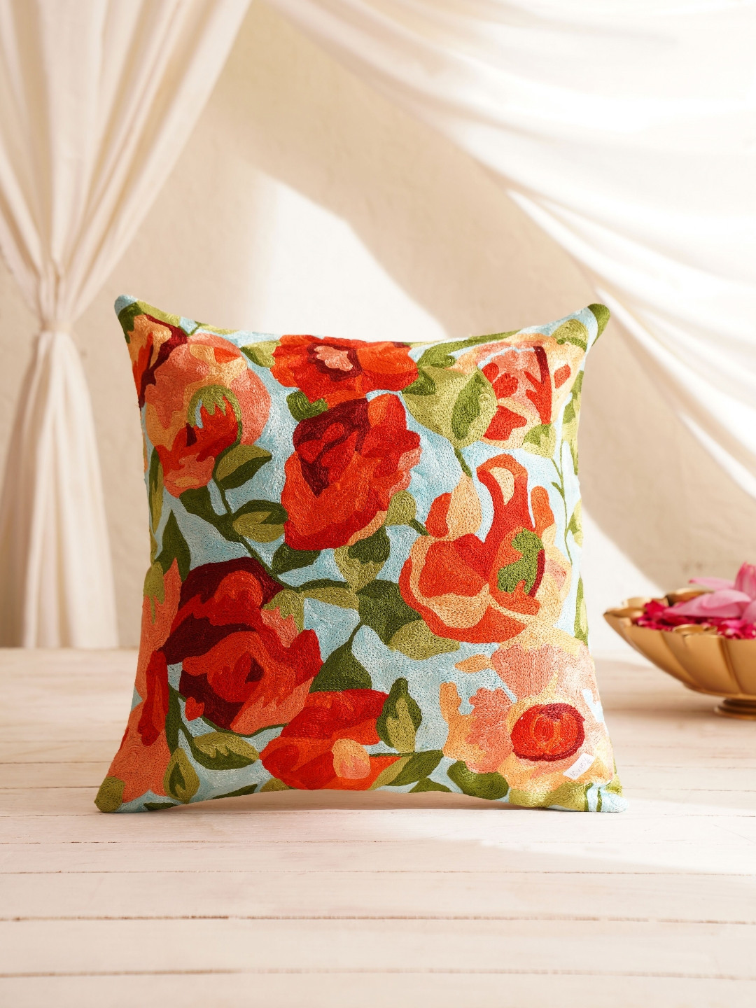 

JAYPORE Blue & Red Floral Embroidered Cotton Silk Square Cushion Cover