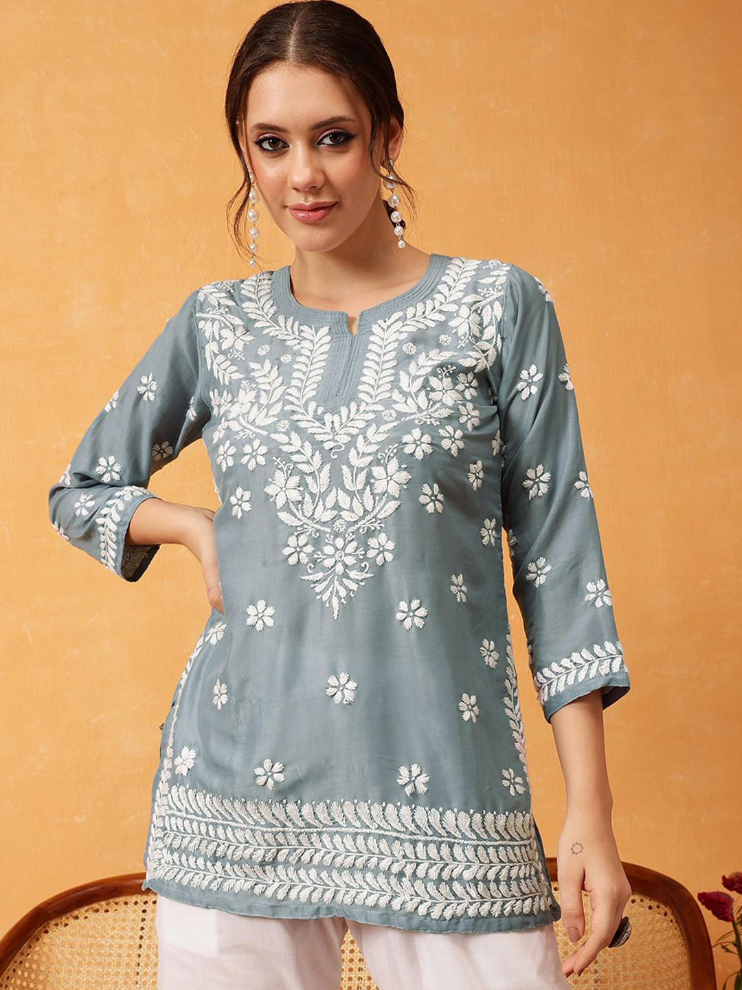 

ADA Women Ethnic Motifs Embroidered Thread Work Thread Work Kurti, Grey