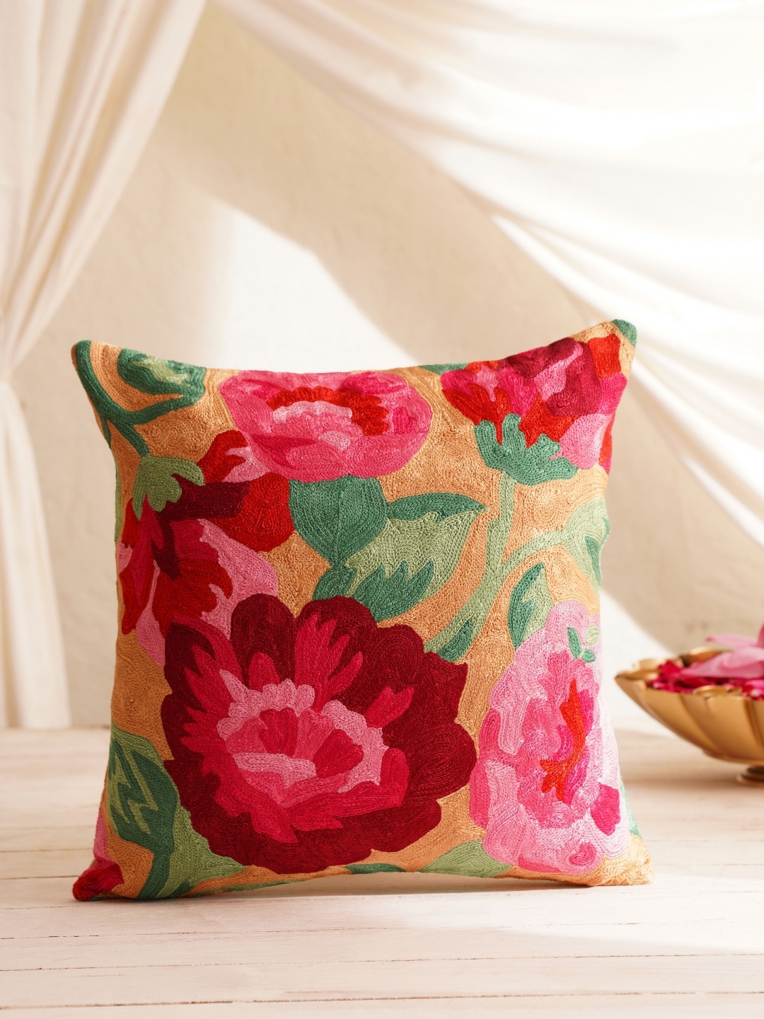 

JAYPORE Beige & Pink Floral Embroidered Cotton Silk Square Cushion Cover