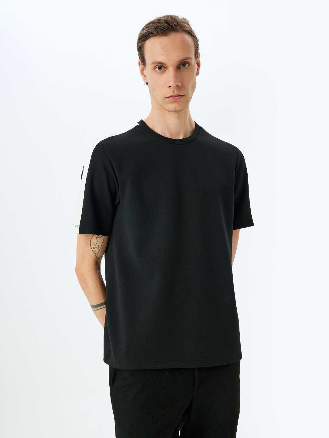 

Koton Men Striped Round Neck Cotton T-shirt, Black