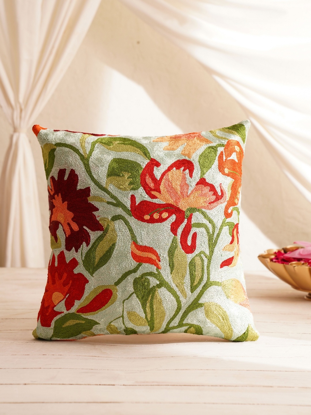 

JAYPORE Grey & Red Floral Embroidered Cotton Silk Square Cushion Cover