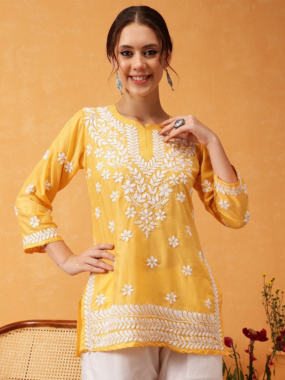 

ADA Women Ethnic Motifs Embroidered Thread Work Kurti, Yellow