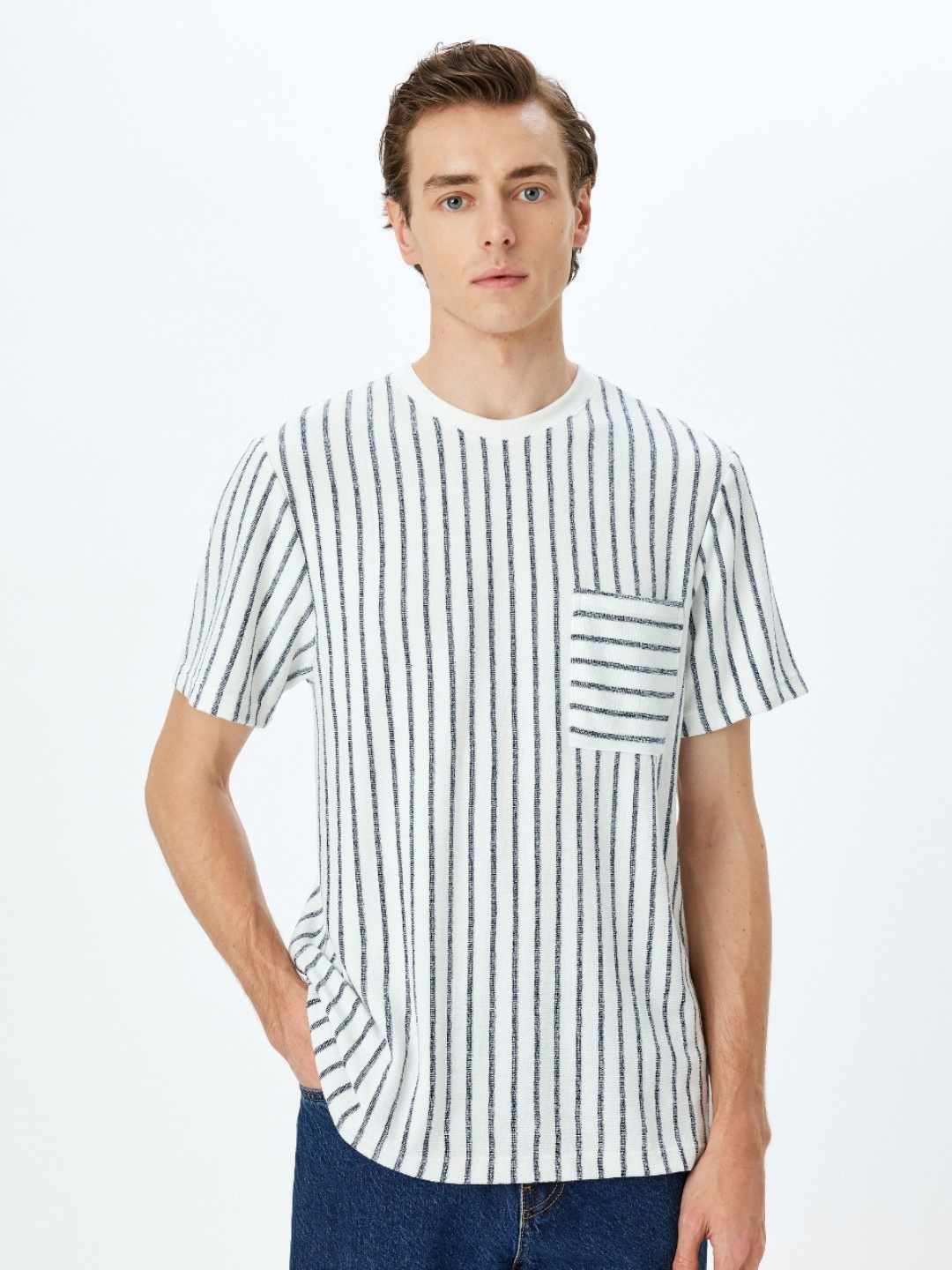 Koton Men Striped Round Neck T-shirt, White