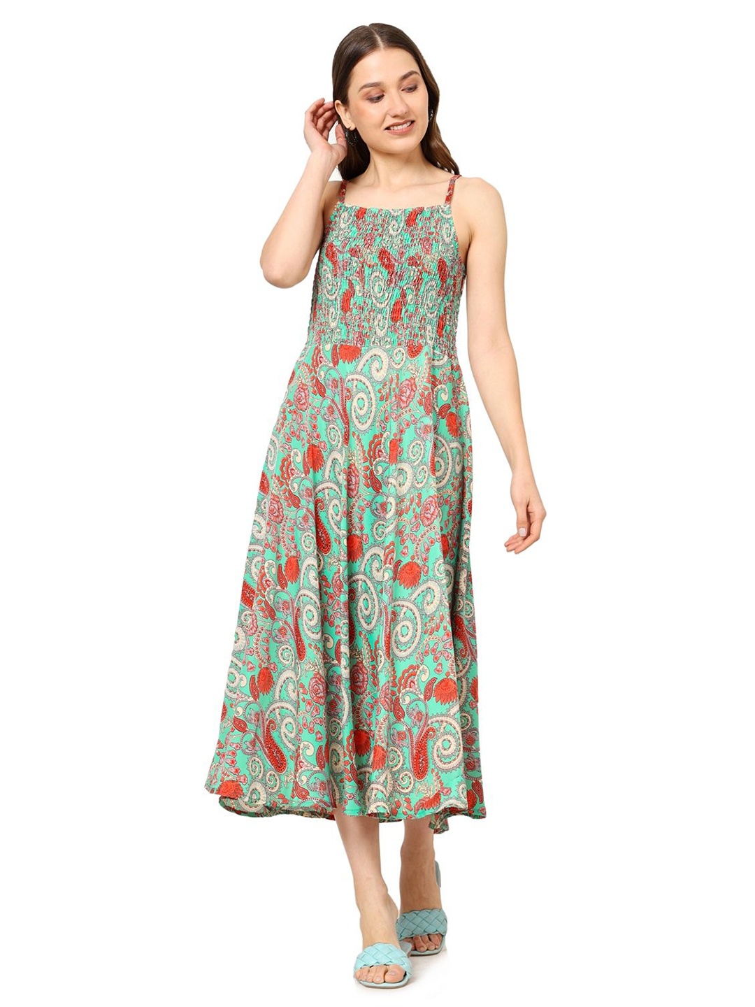 

KALINI Women Shoulder Straps Fit & Flare Dress, Green
