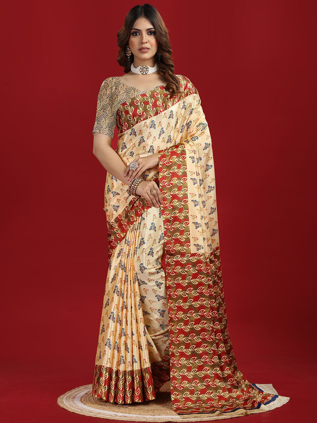 

A.V.M Prints Ethnic Motifs Pure Crepe Saree, Beige
