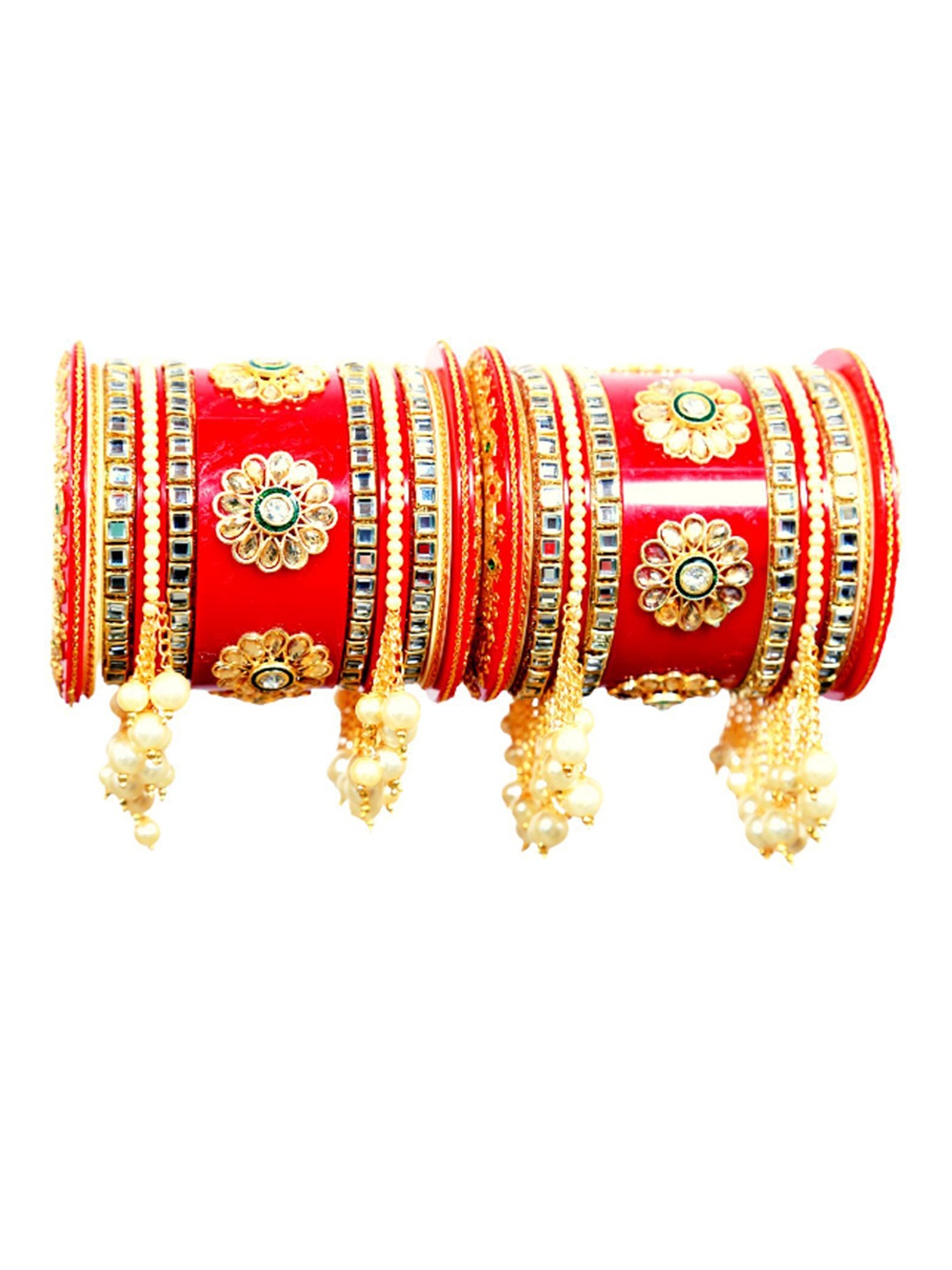 

Align Set Of 2 Gold-Plated Stone Studded & Pearls Beaded Chuda Bangles