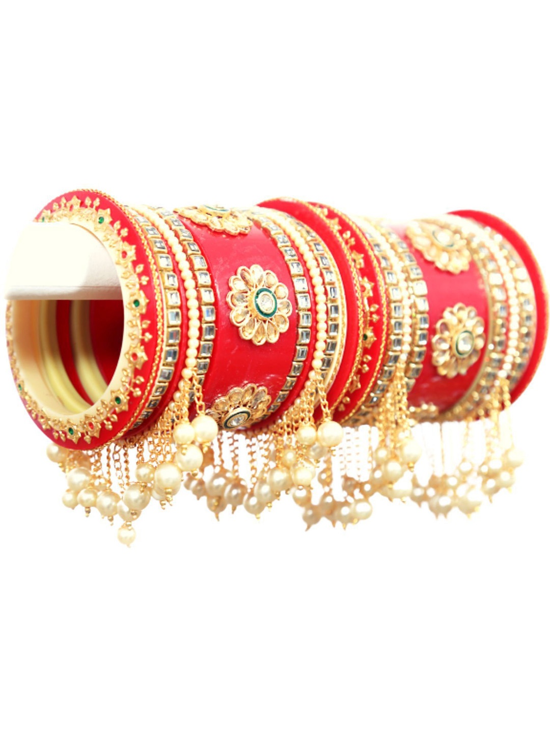 

Align Set Of 2 Gold-Plated Stone Studded & Pearls Beaded Chuda Bangles