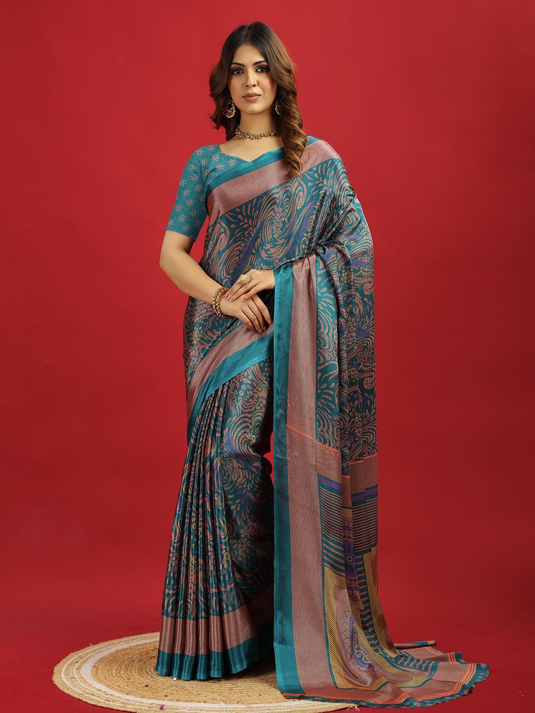 

A.V.M Prints Floral Printed Pure Crepe Saree, Turquoise blue