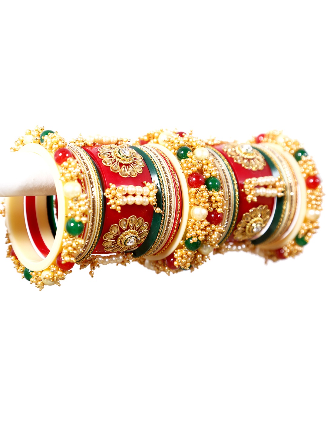 

Align Set Of 2 Gold-Plated Stone-Studded & Pearls Beaded Chuda Bangles