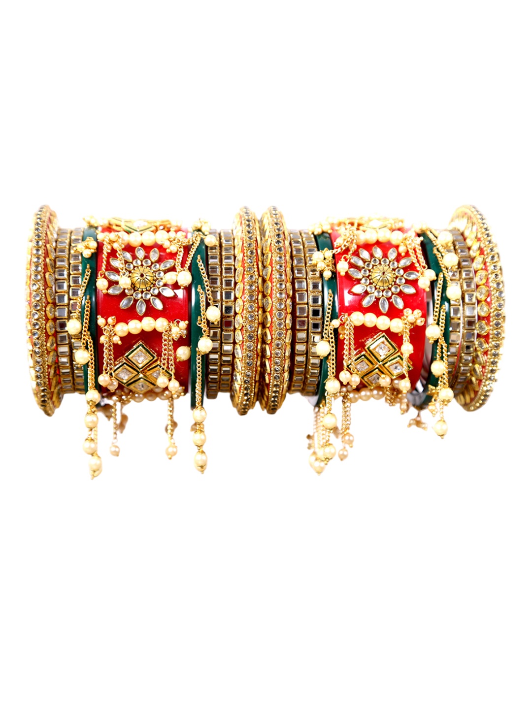 

Align Set Of 2 Gold-Plated Stone Studded & Pearls Beaded Chuda Bangles
