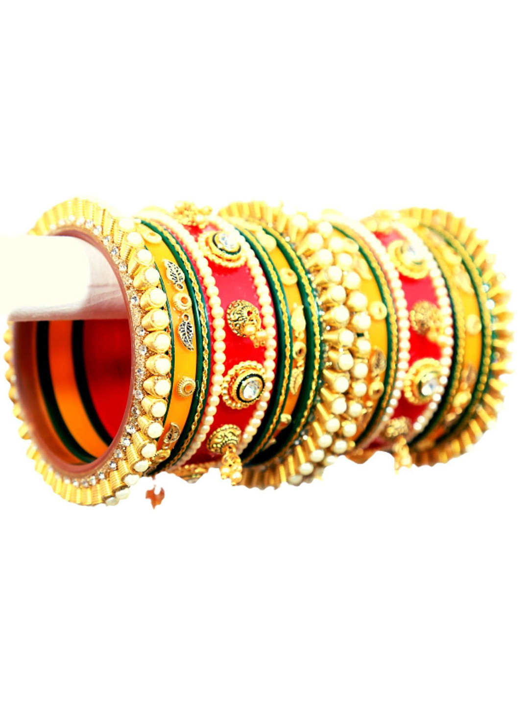 

Align Set Of 2 Gold-Plated Stone Studded & Pearls Beaded Chuda Bangles