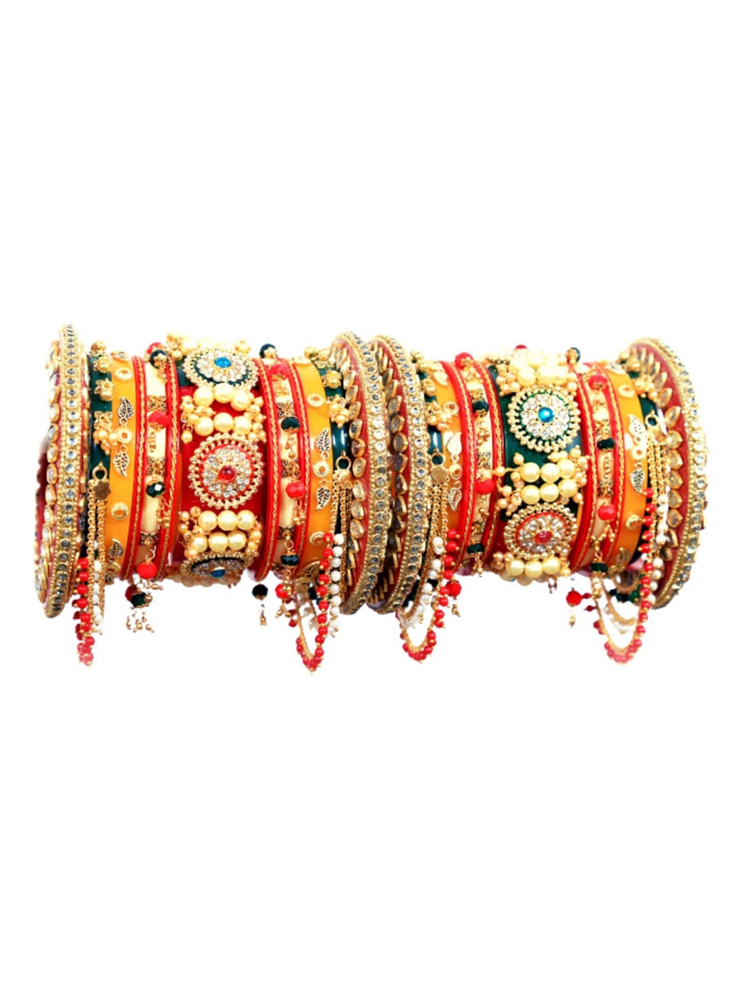 

Align Set Of 2 Gold-Plated Stone Studded & Pearls Beaded Chuda Bangles