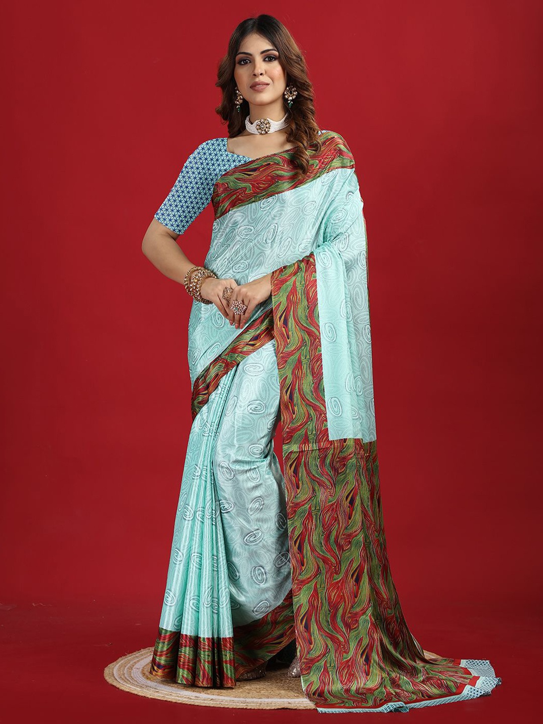 A.V.M Prints Abstract Printed Pure Crepe Saree, Sea green
