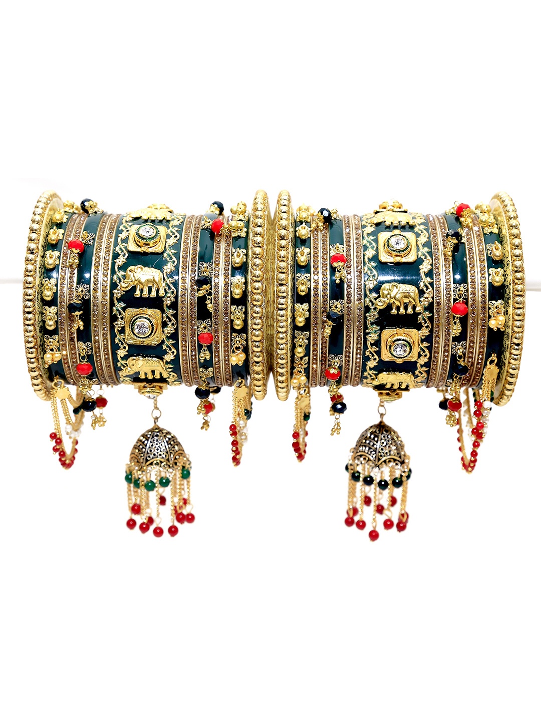 Align Set Of 2 Gold Plated Stones Studded & Beaded Chudas Bangles