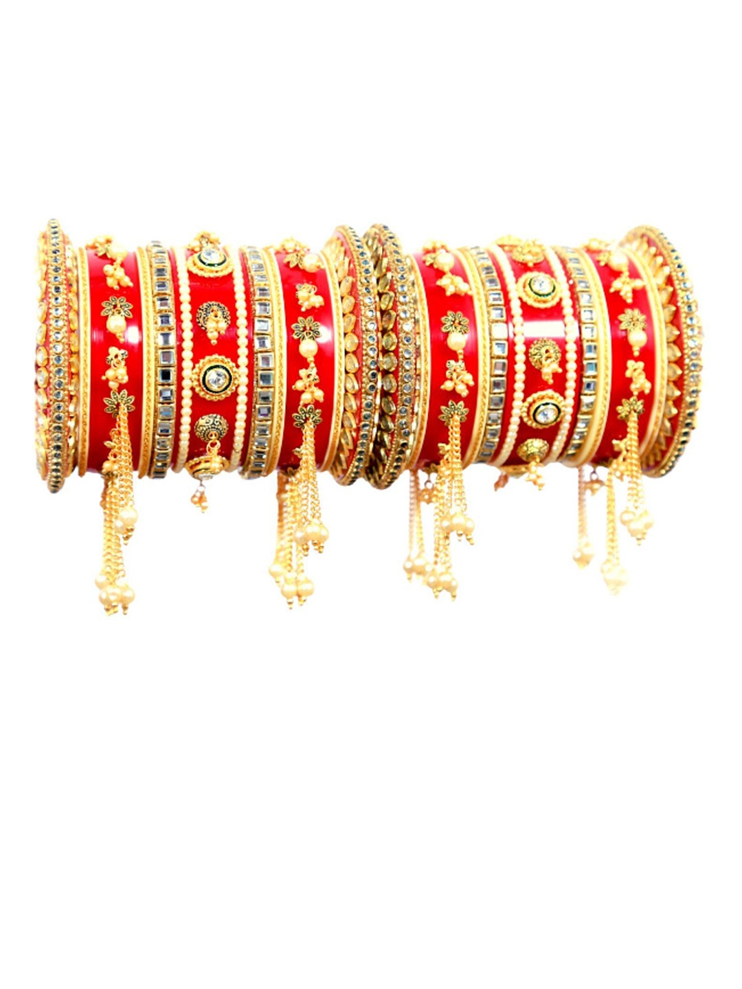 

Align Set Of 2 Gold-Plated Artificial Stone-Studded & Pearl Beaded Chuda Bangles, Red