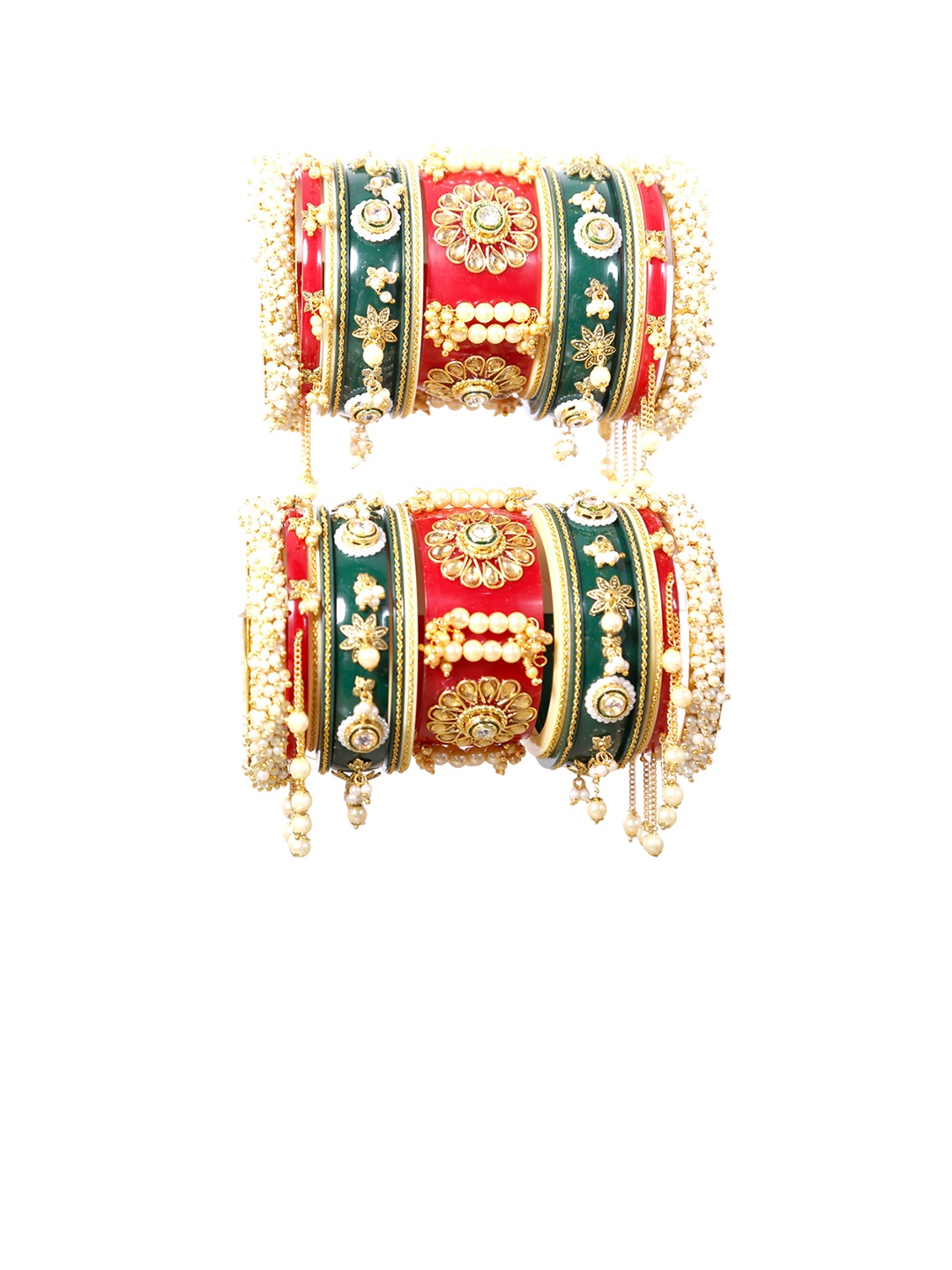 

Align Set Of 2 Gold-Plated Stone-Studded & Pearls Beaded Chuda Bangles