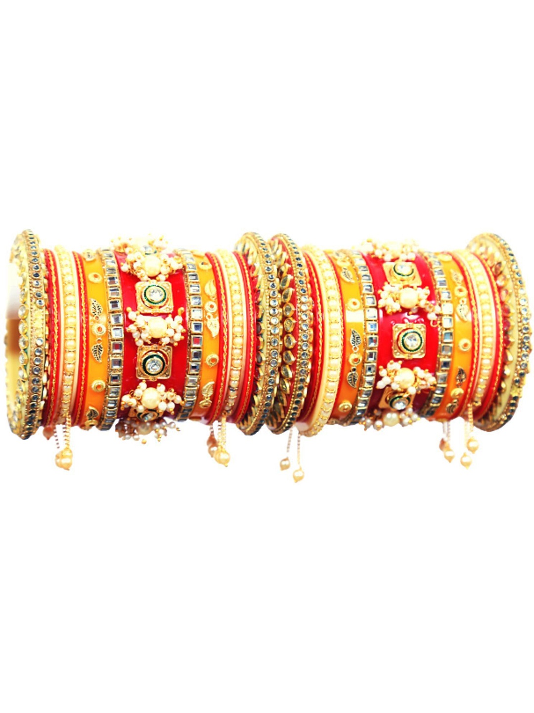 

Align Set Of 2 Gold-Plated Stone Studded & Pearls Beaded Chuda Bangles