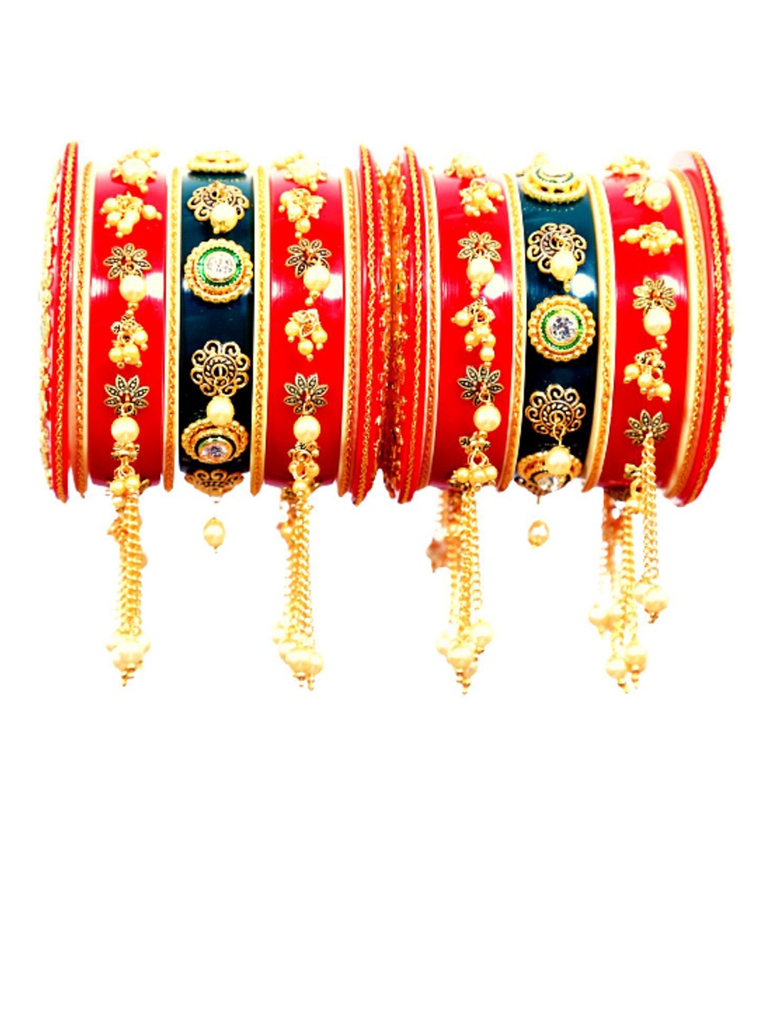 Align Set Of 2 Gold-Plated Pearls Studded Bangles With Hangings