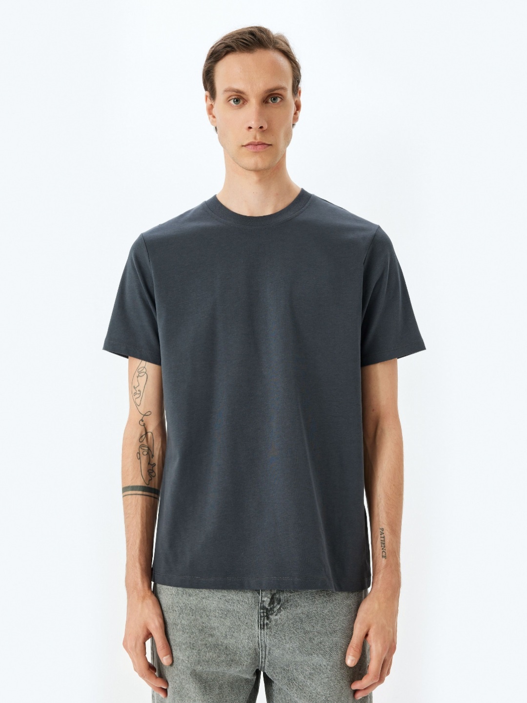 

Koton Men Solid Round Neck Cotton T-shirt, Charcoal