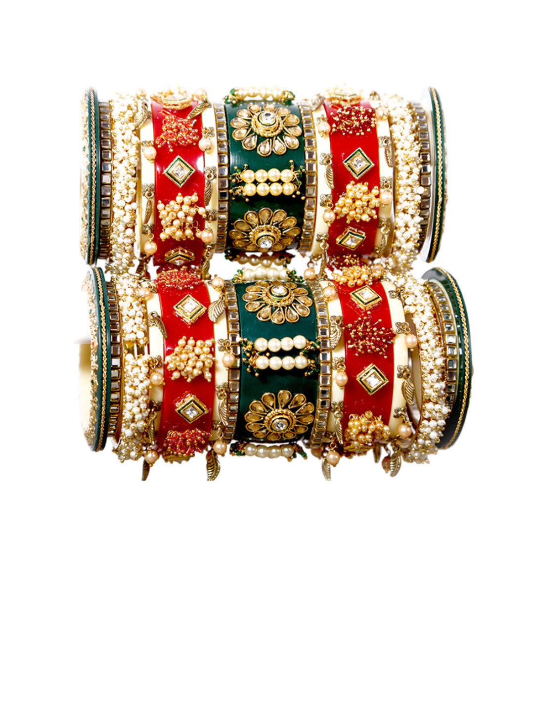 

Align Set Of 2 Gold-Plated Stones & Beaded Studded Bangles With Hangings