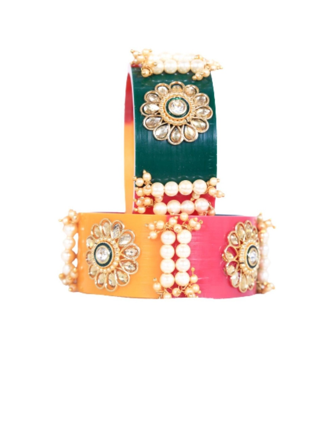 

Align Set Of 2 Gold-Plated Stone Studded & Pearls Beaded Bangles