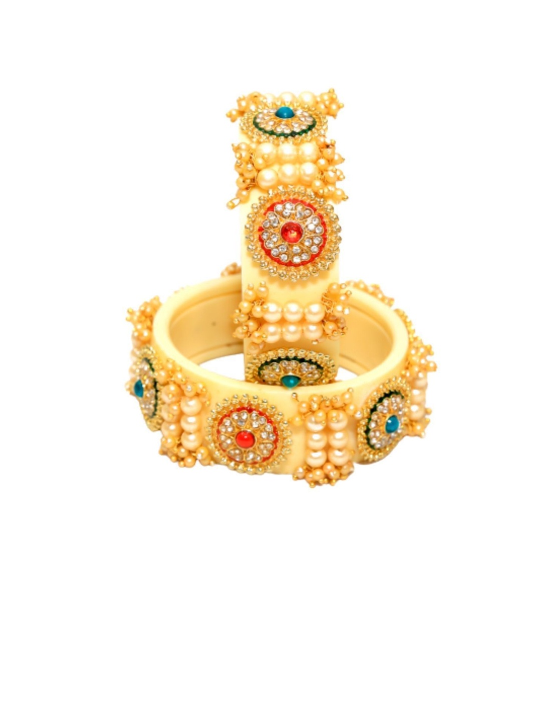 

Align Set Of 2 Gold-Plated Stone Studded & Pearls Beaded Bangles