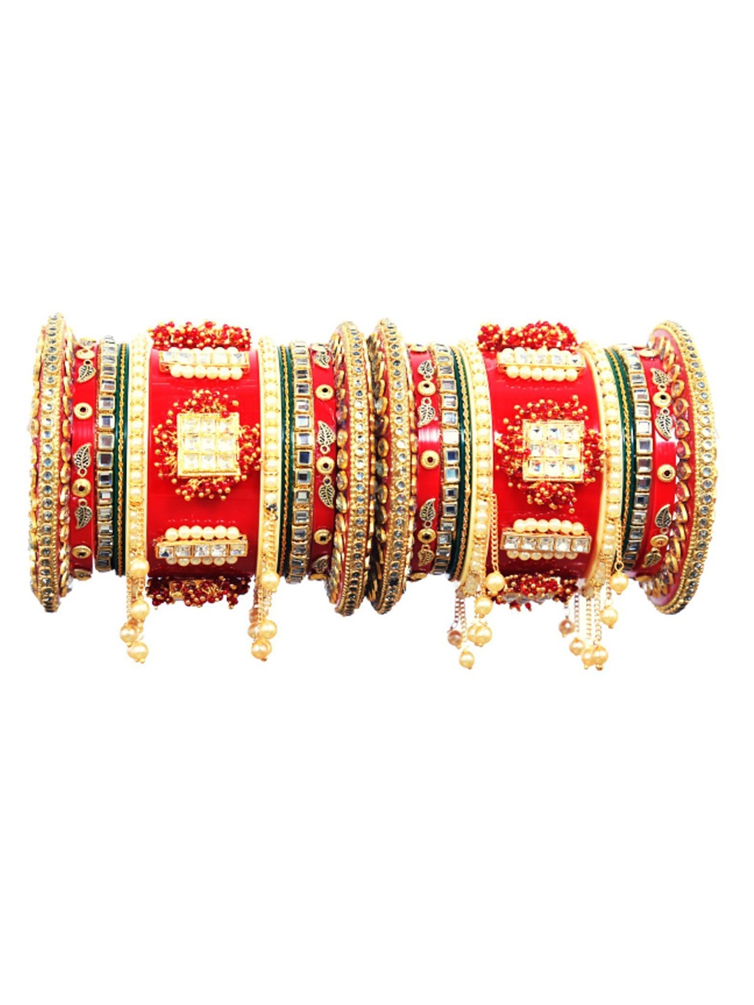 

Align Set Of 2 Gold-Plated Stone Studded & Pearls Beaded Chuda Bangles