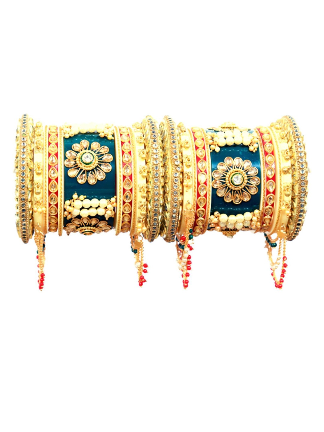 

Align Set Of 2 Gold-Plated Stones & Beads Studded Bangles With Hangings