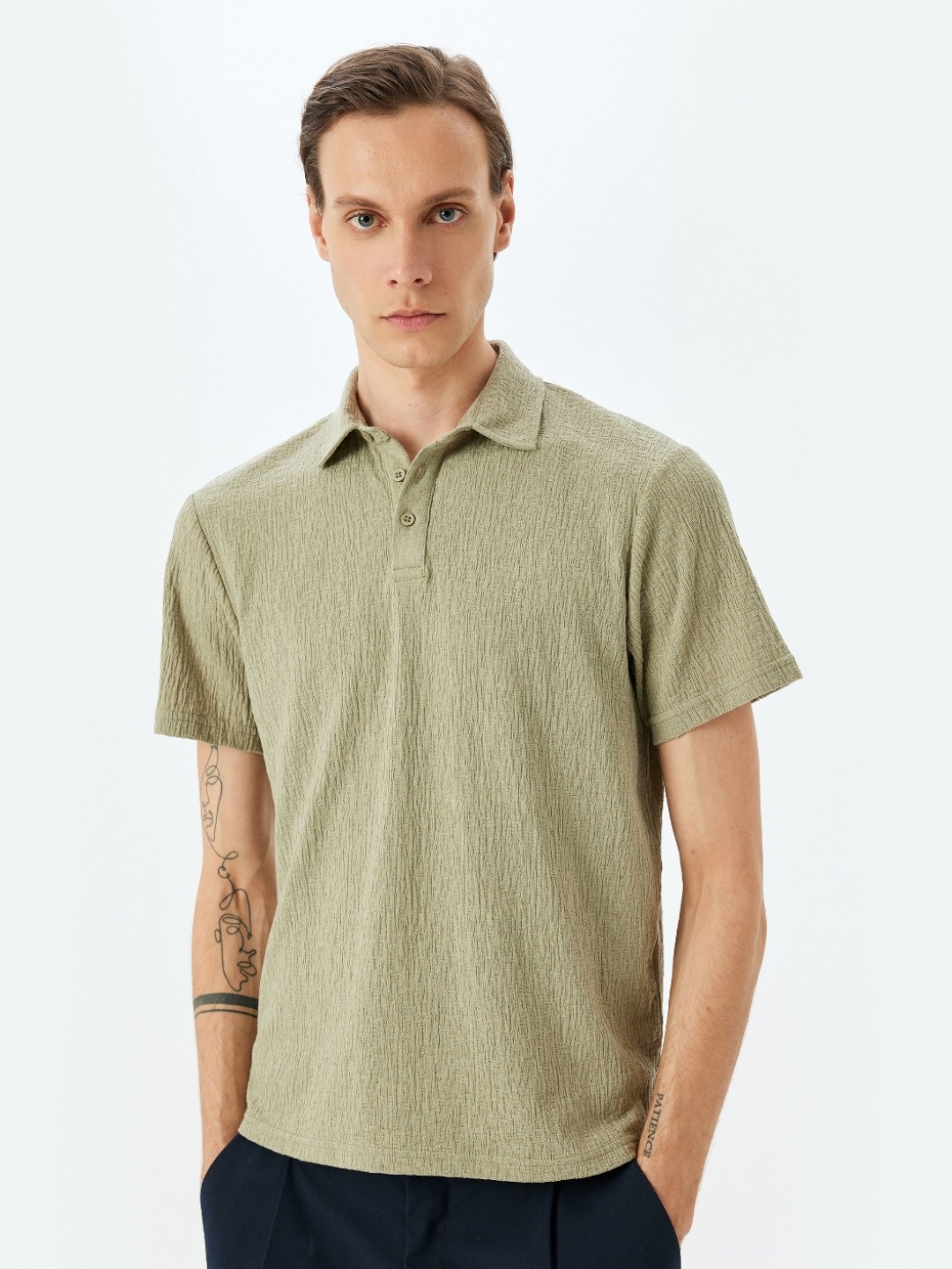 Koton Men Self Design Polo Collar T-shirt, Olive