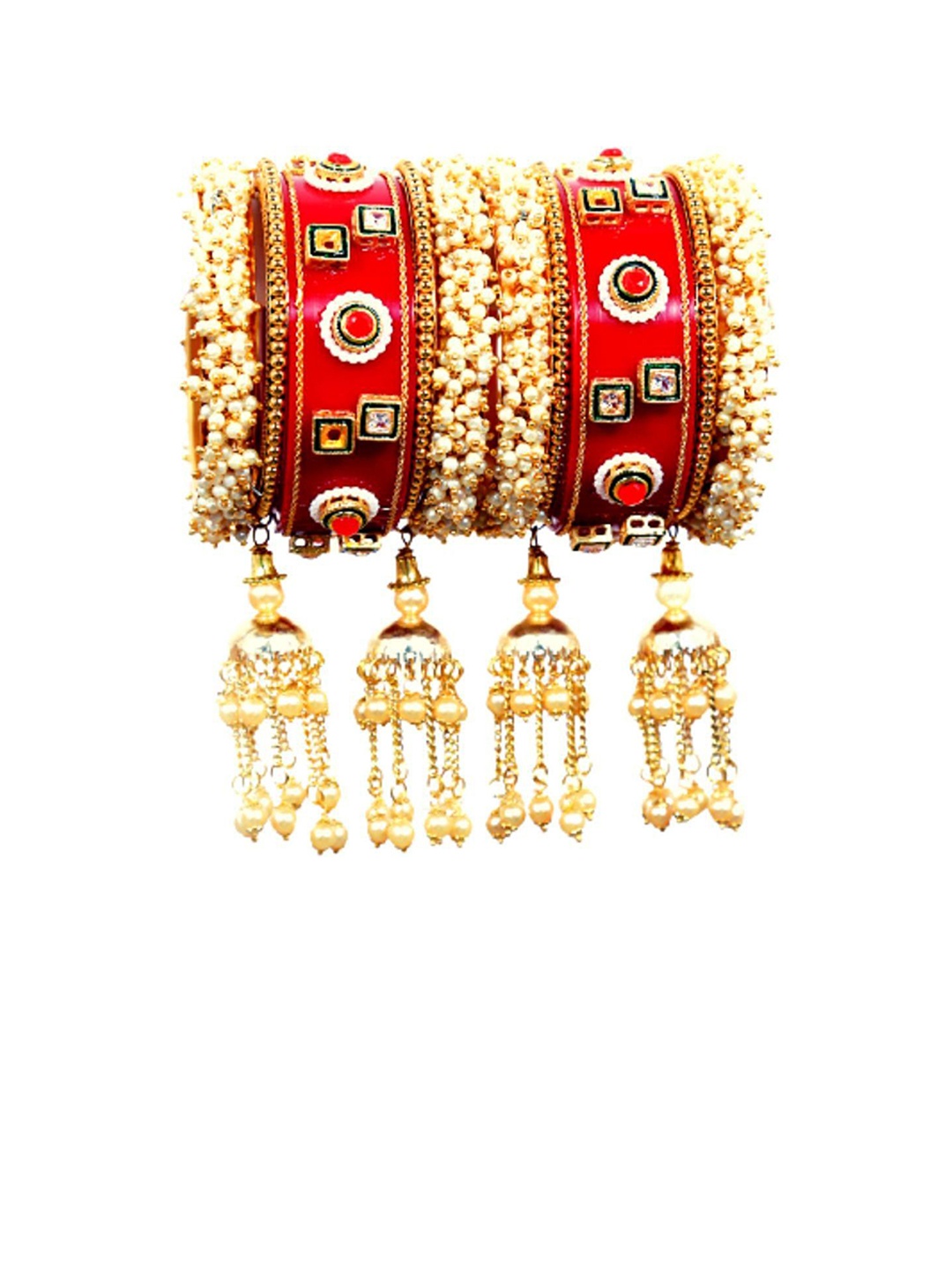 

Align Set Of 2 Gold-Plated Stones-Studded & Pearls Beaded Chuda Bangles