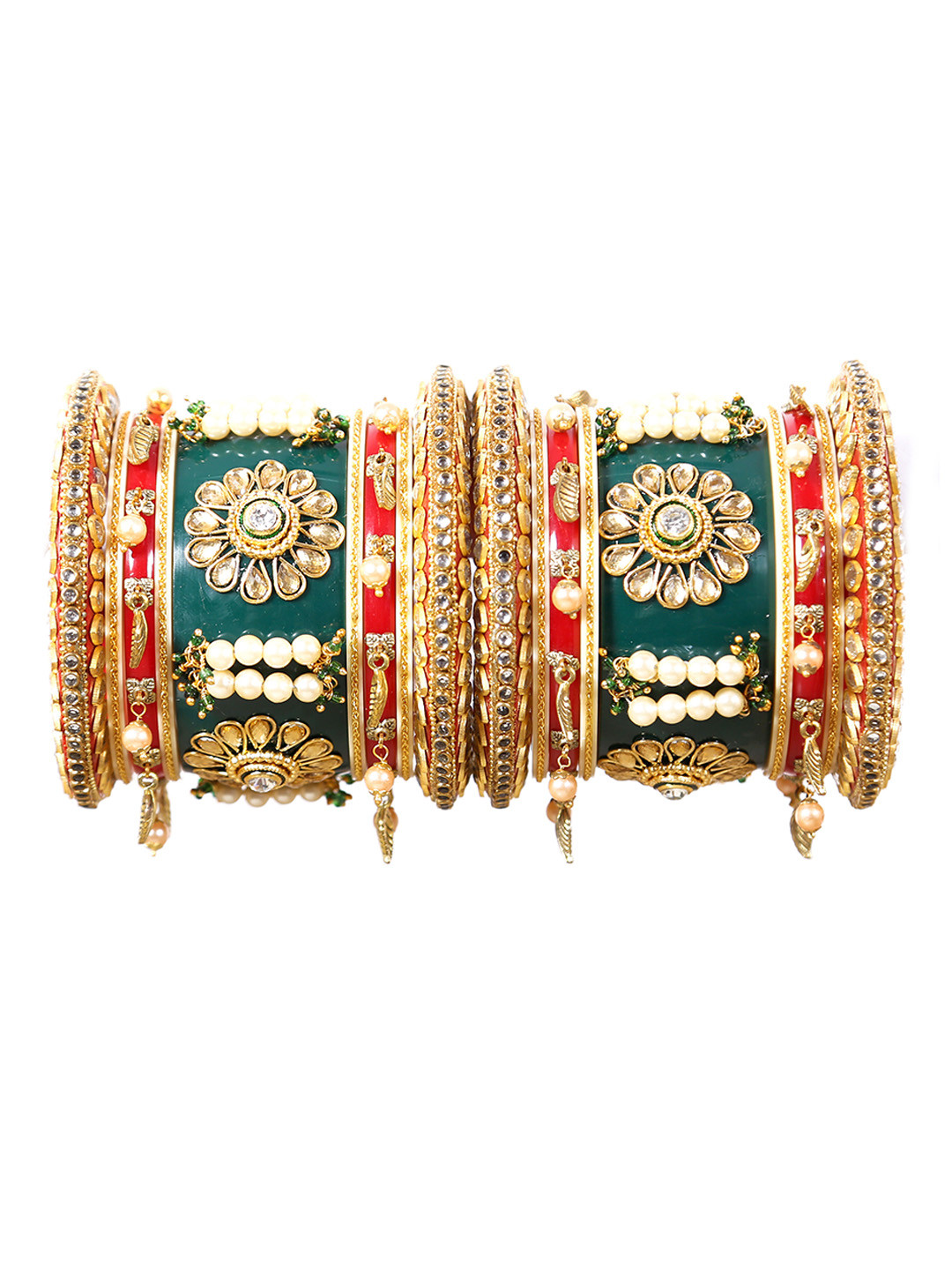 

Align Set Of 2 Gold-Plated Stone-Studded & Pearls Beaded Chuda Bangles