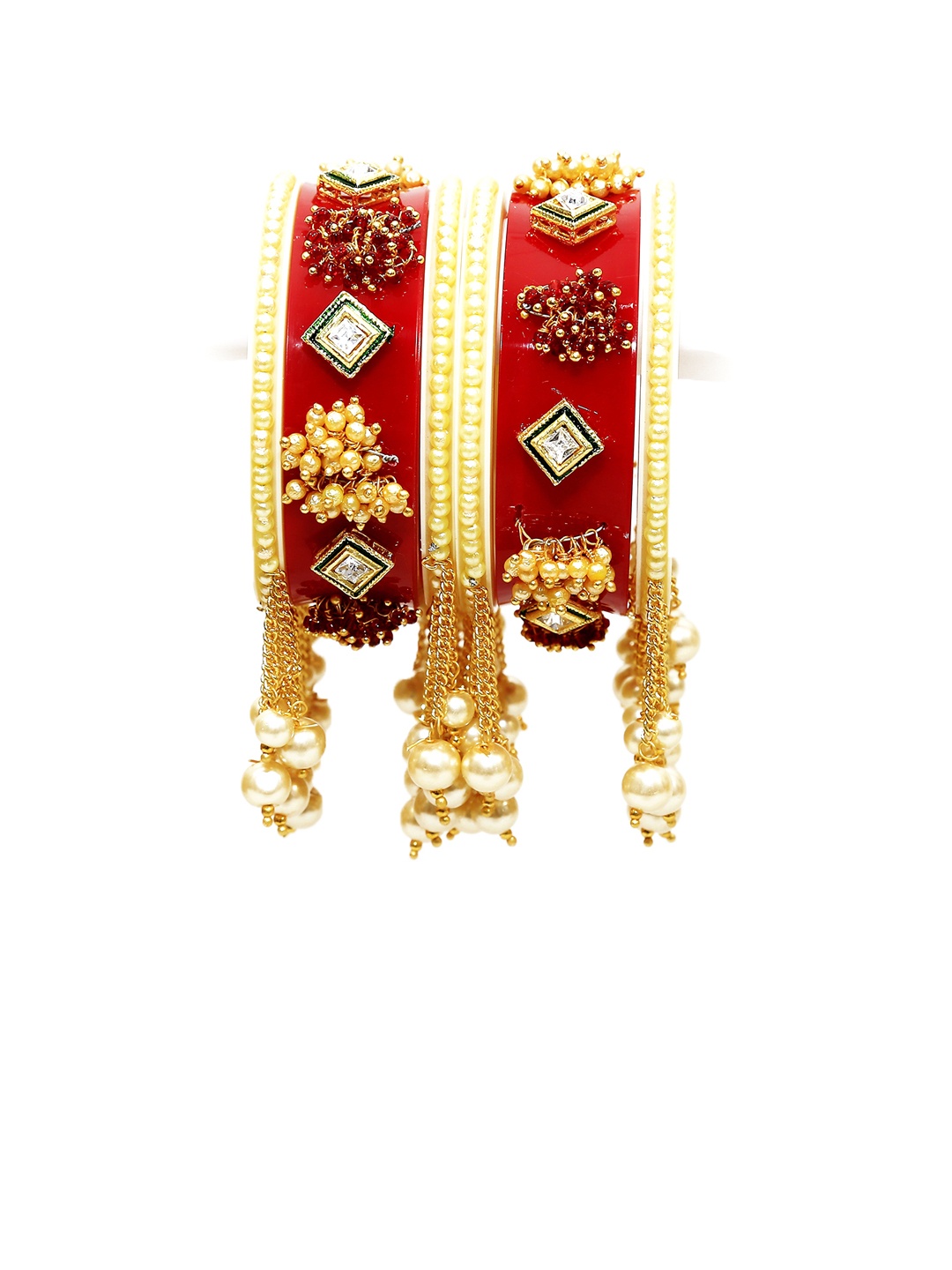 

Align Set Of 2 Gold-Plated Stone Studded & Beaded Chuda Bangles, Red