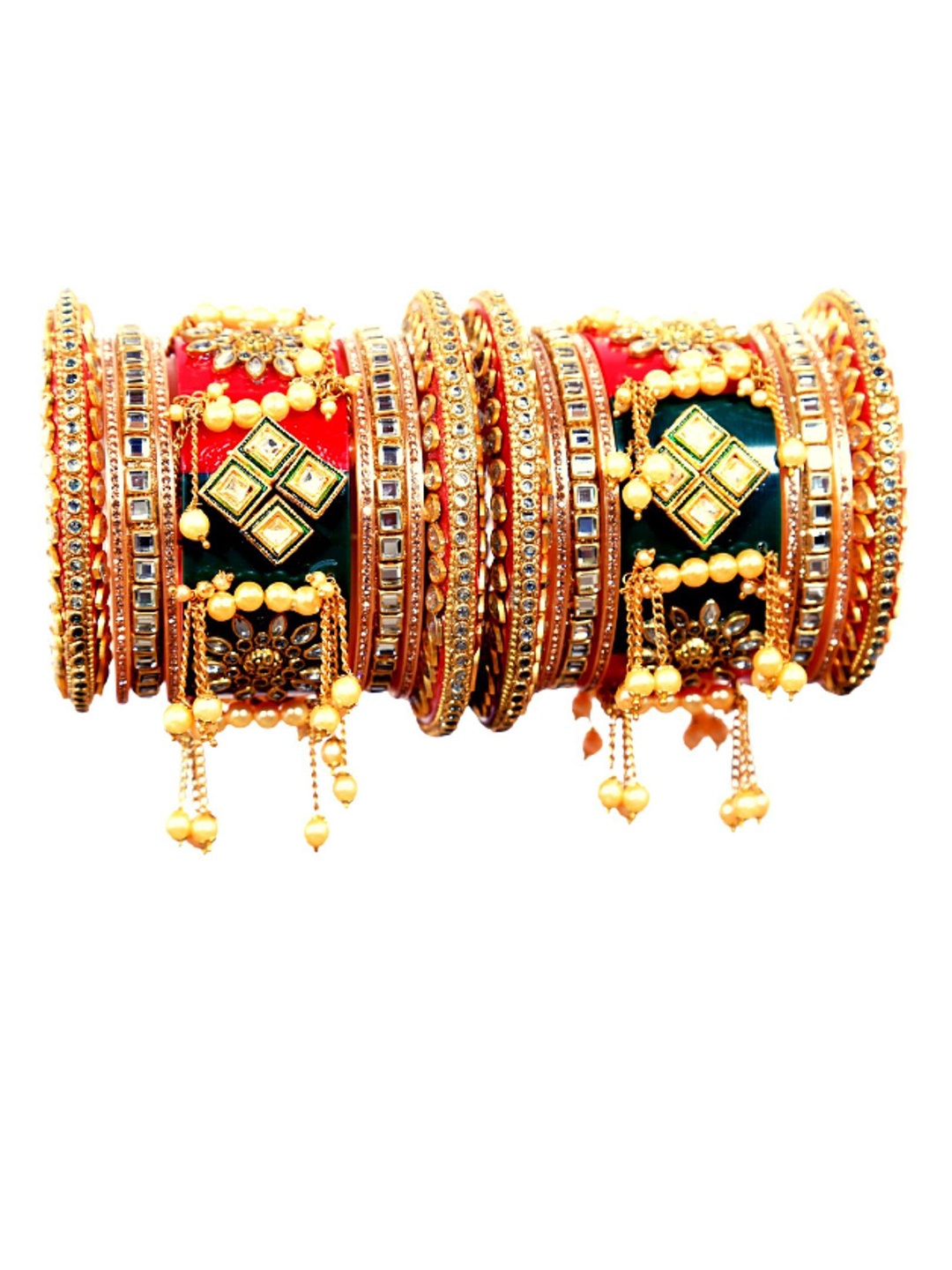 

Align Set Of 2 Gold-Plated Stone-Studded & Pearls Beaded Chuda Bangles