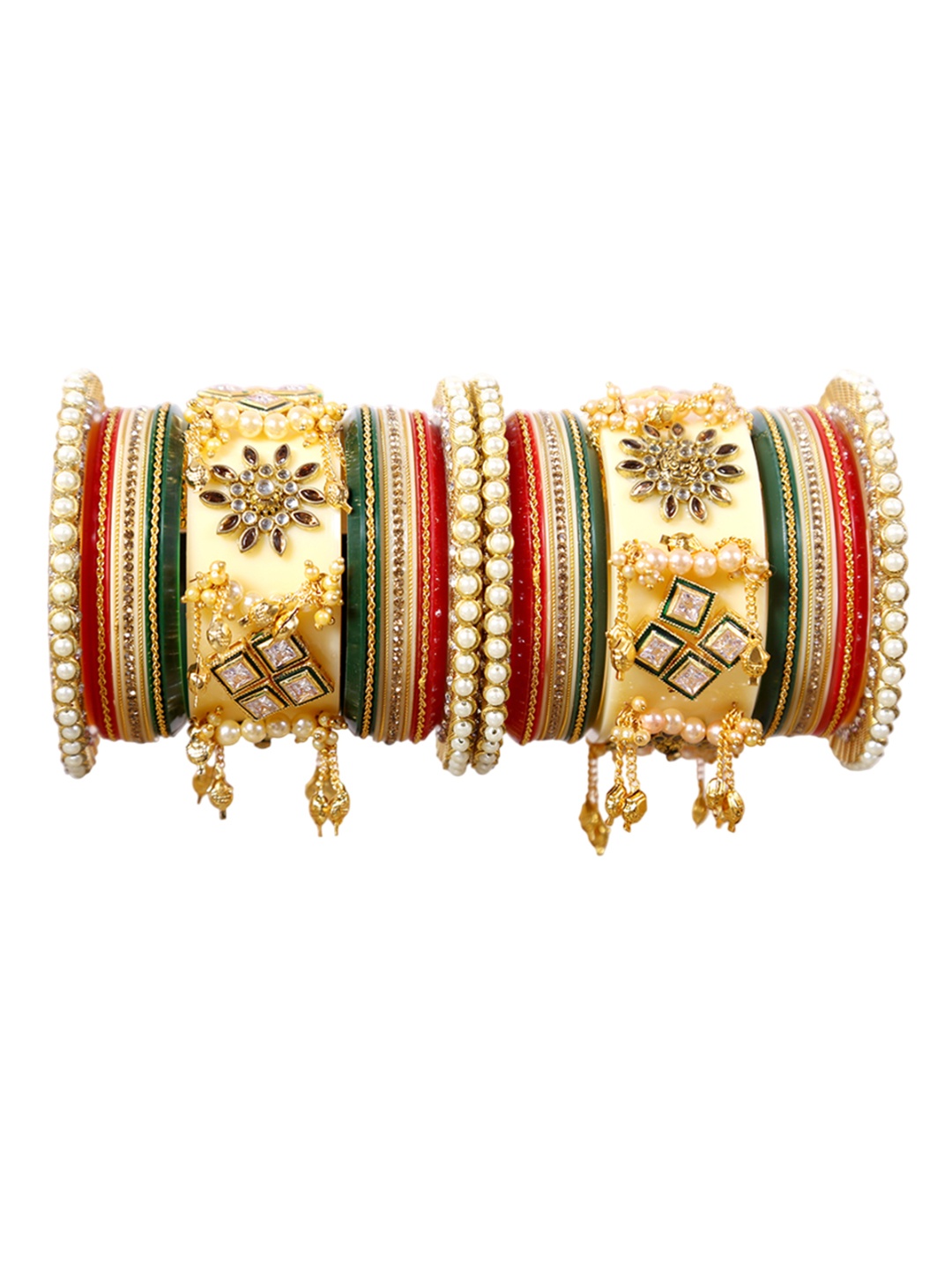 

Align Set Of 2 Gold-Plated Stone-Studded & Pearls Beaded Chuda Bangles