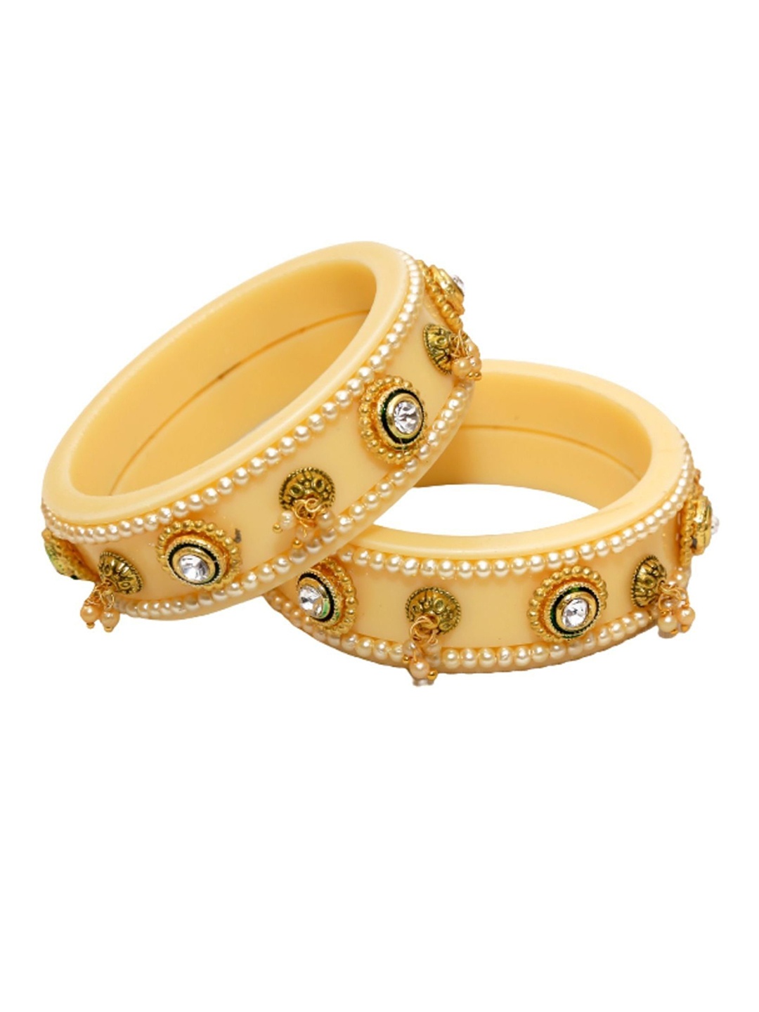 Align Set Of 2 Gold-Plated Stone Studded & Pearls Beaded Bangles, Beige
