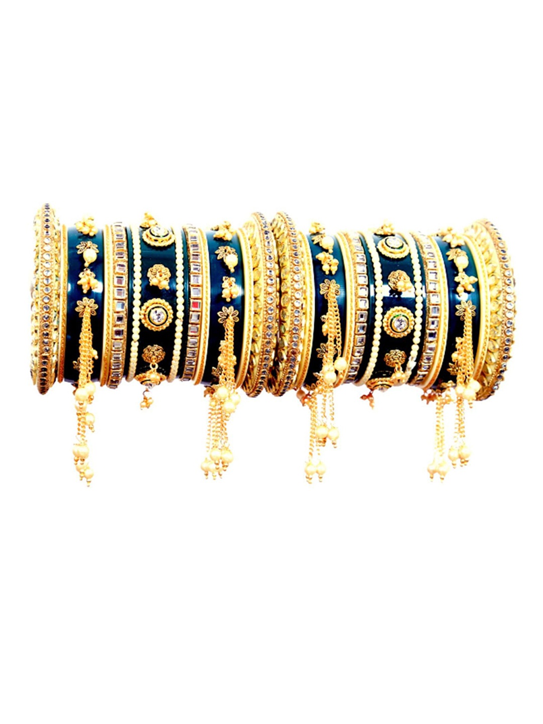 

Align Set Of 2 Gold-Plated Stone Studded & Pearls Beaded Chuda Bangles
