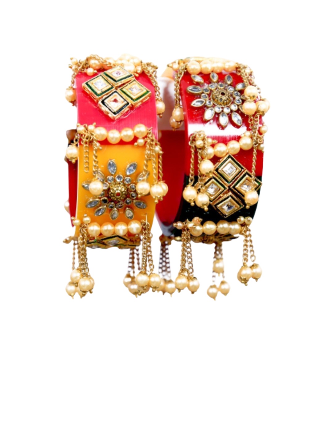 

Align Set Of 2 Gold-Plated Stones Studded & Beaded Chuda Bangles