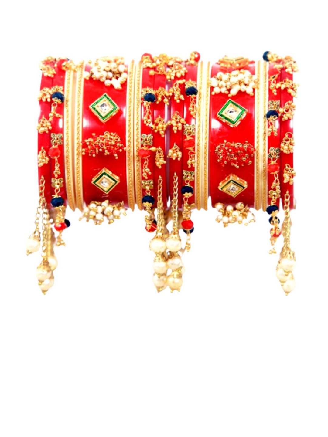 

Align Set Of 2 Stone-Studded & Mother of Pearl Beaded Chuda Bangles, Red