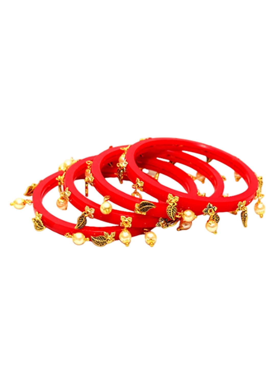 

Align Set Of 4 Gold-Plated Stone Studded & Pearls Beaded Chuda Bangles