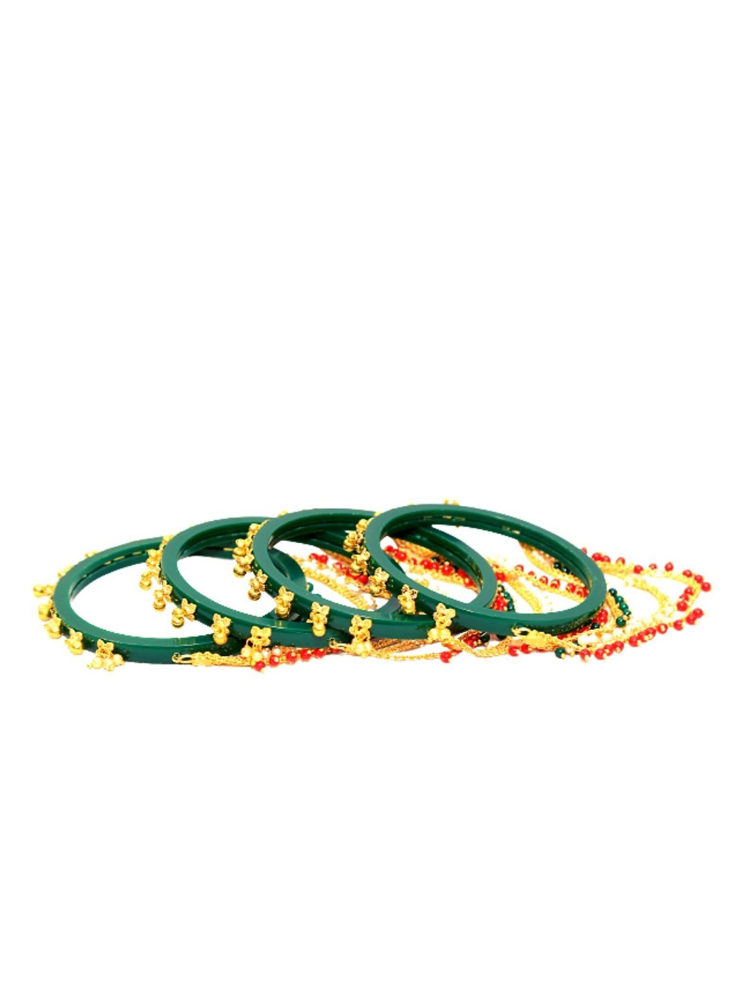 Align Set Of 4 Gold-Plated Stone Studded & Pearls Beaded Chuda Bangles