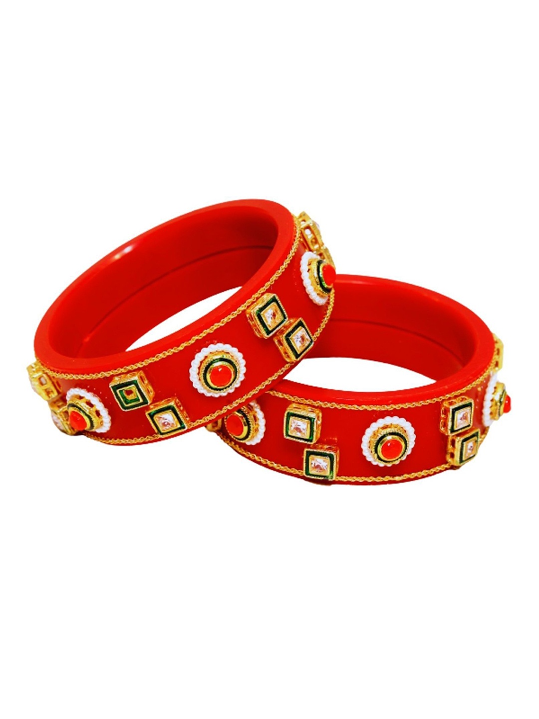 Align Set Of 2 Gold-Plated Stone Studded & Pearls Beaded Chuda Bangles