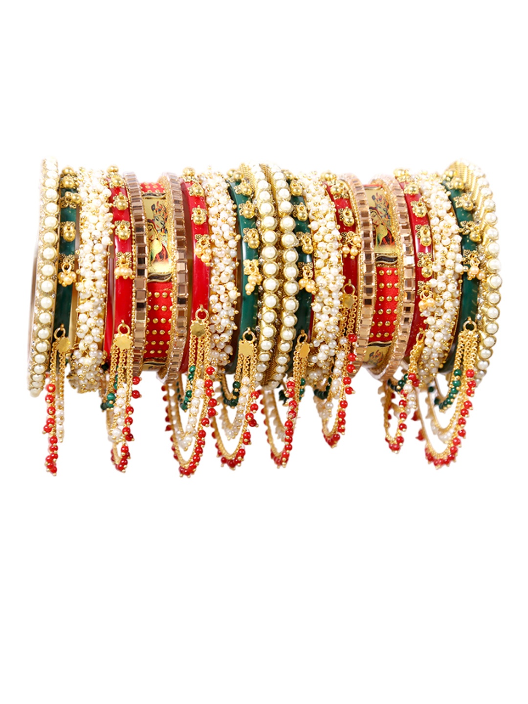 Align Set Of 2 Gold-Plated Stone-Studded & Beaded Pearl Chuda Bangles