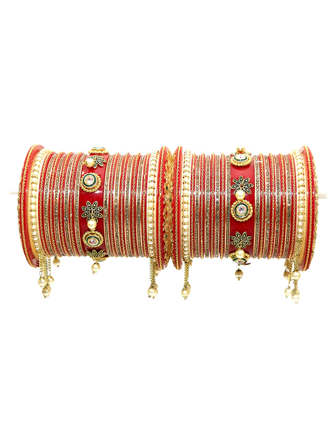 

Align Set Of 2 Gold-Plated Stone Studded & Pearls Beaded Chuda Bangles