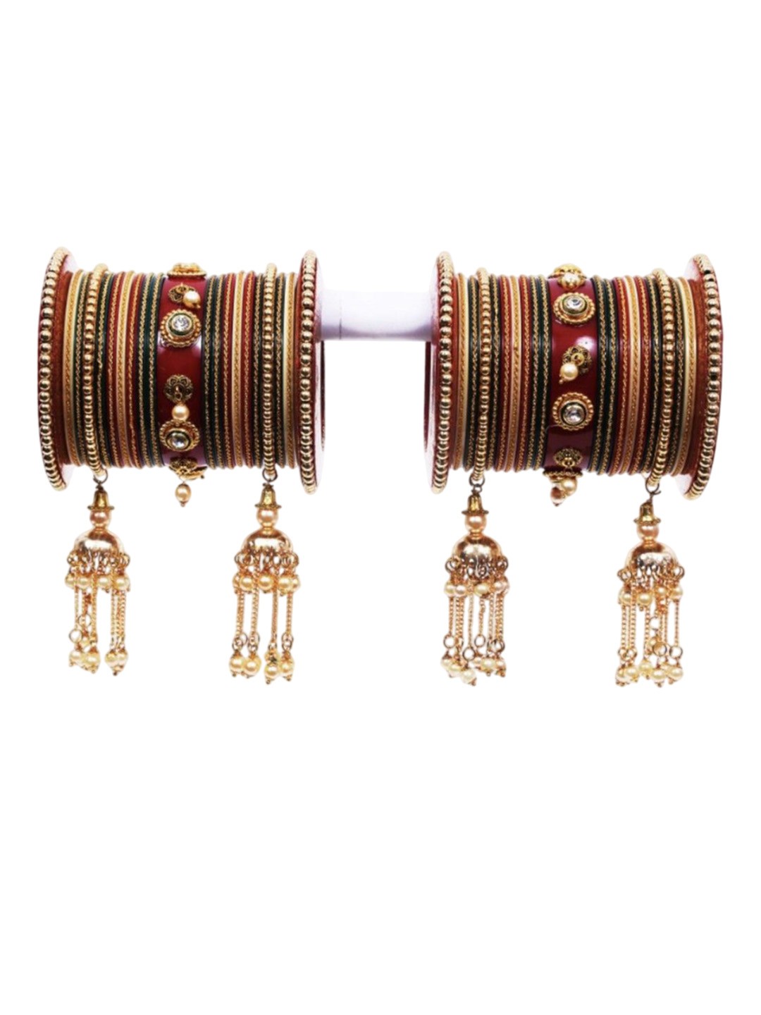 

Align Set Of 2 Gold-Plated Stone Studded & Pearls Beaded Chuda Bangles
