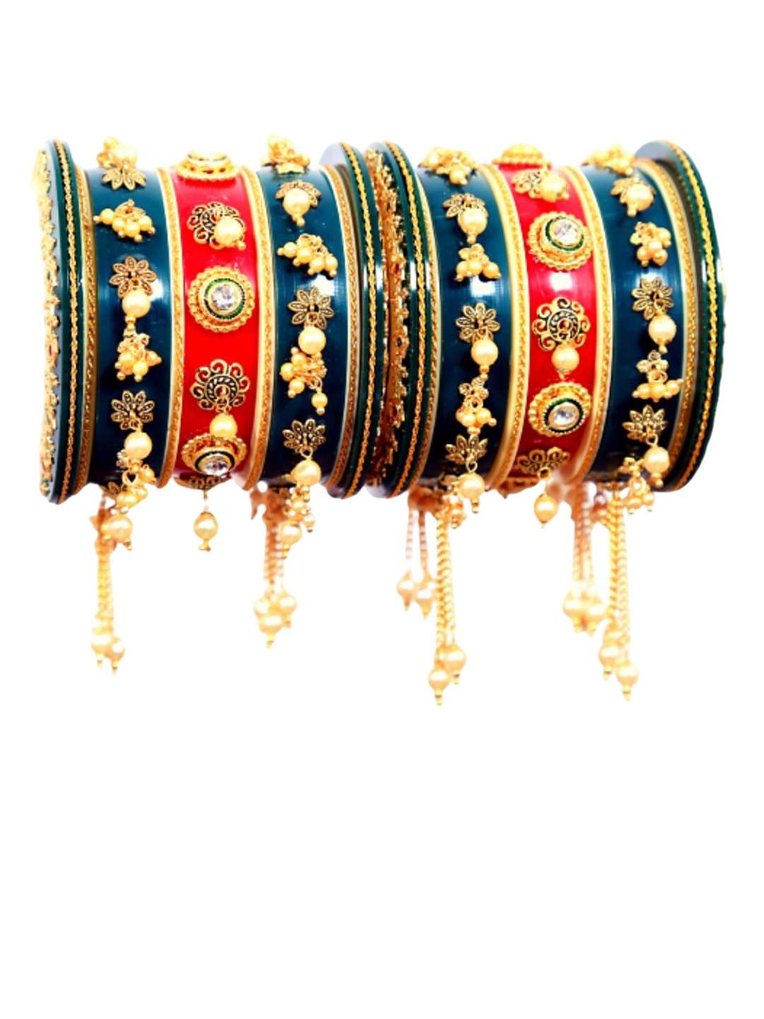 

Align Set Of 2 Gold-Plated Stones Studded & Pearls Beaded Chuda Bangles