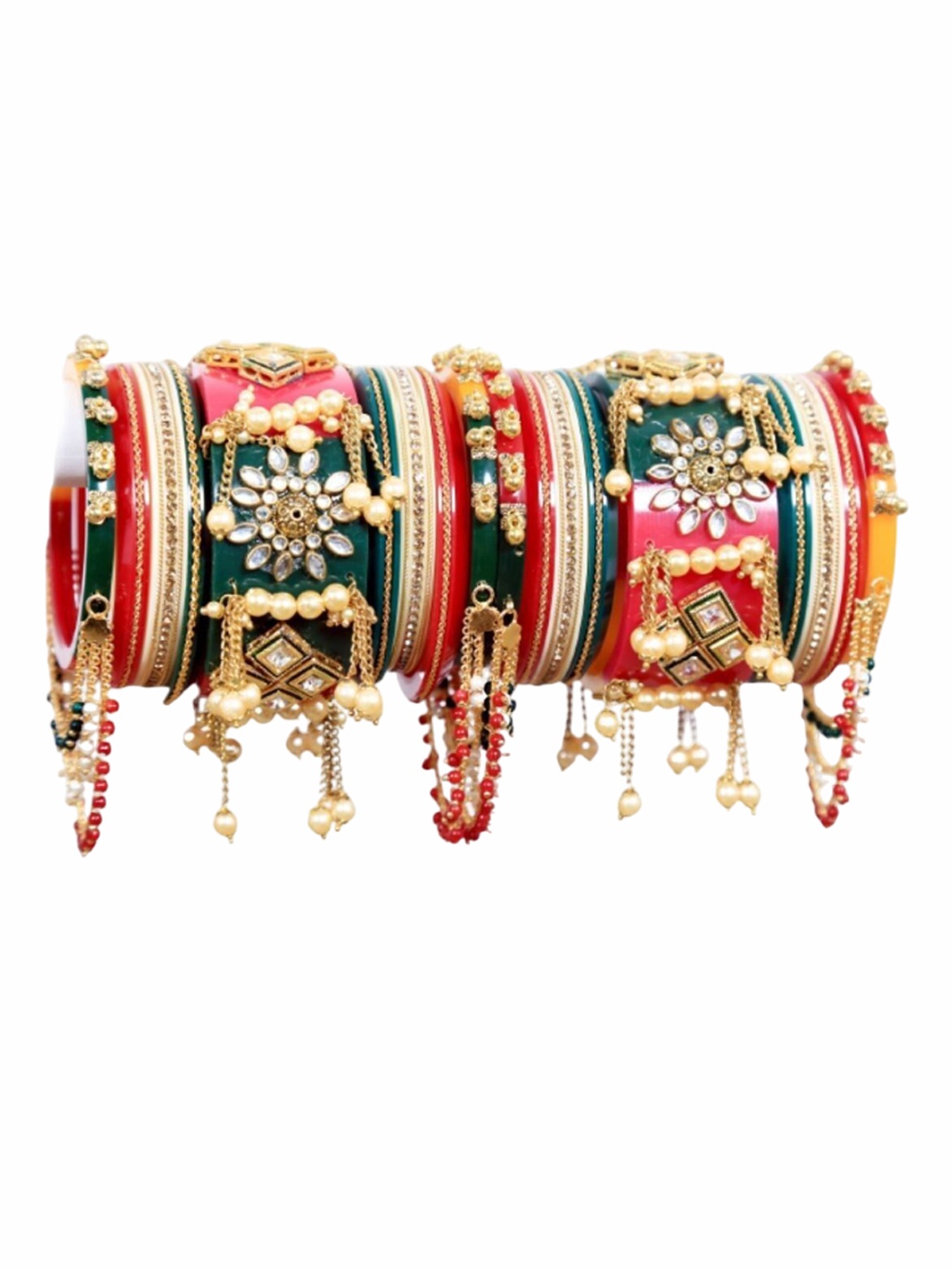 

Align Set Of 2 Gold-Plated Stone Studded & Pearls Beaded Chuda Bangles